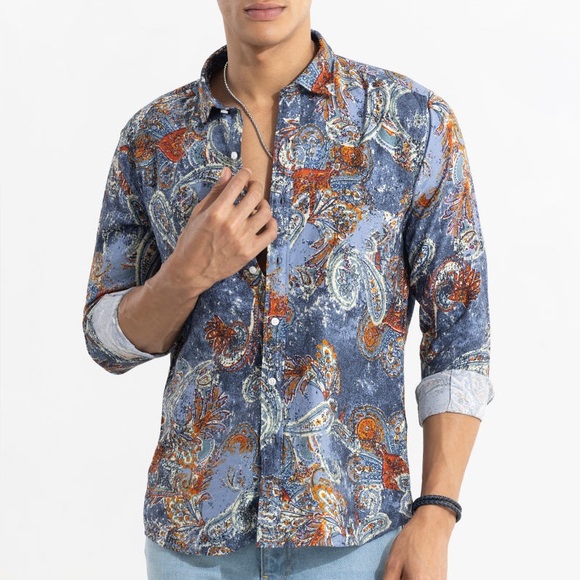 Zara Men's Paisley Blue and Orange Shirt - Picture 1 of 7